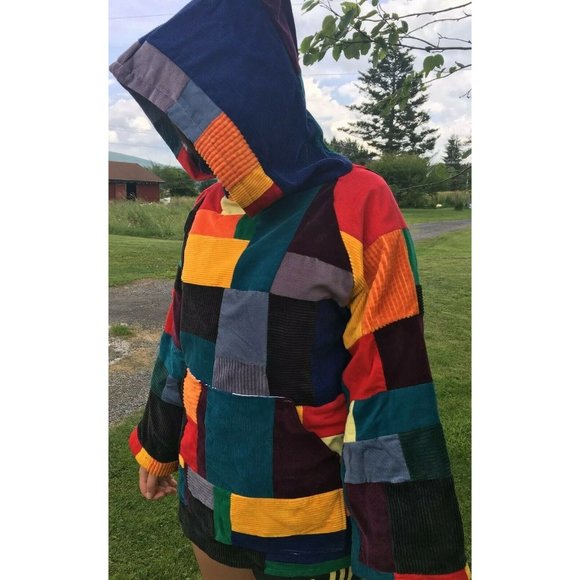 Handmade Patchwork Unisex Small Rainbow Corduroy Festival Jacket Hoodie Hippie - Picture 2 of 10